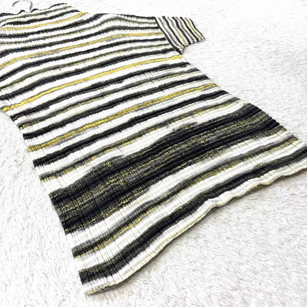 Issey Miyake Striped Pleated Short-Sleeve Top