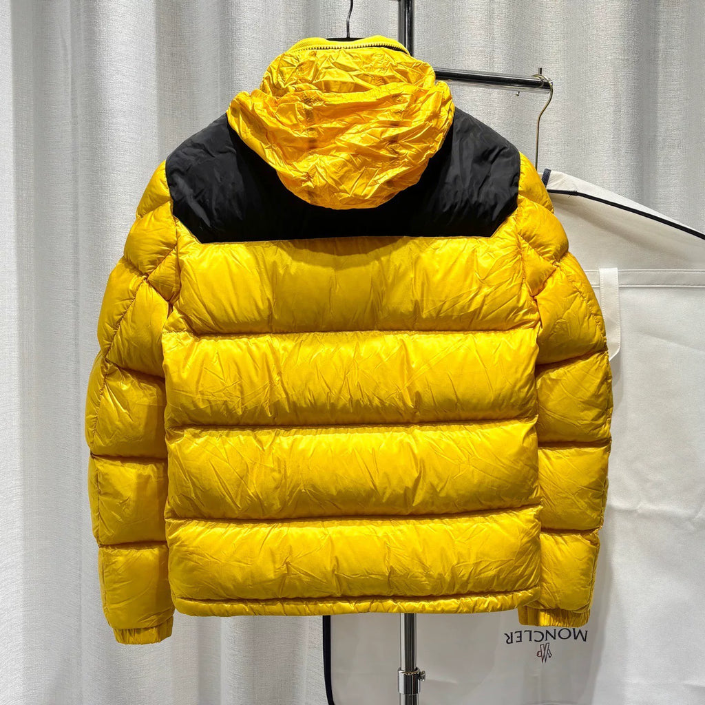 Moncler PEUPLIER Yellow Letter Print Webbing Colorblock Hidden Hood Nylon Down Jacket