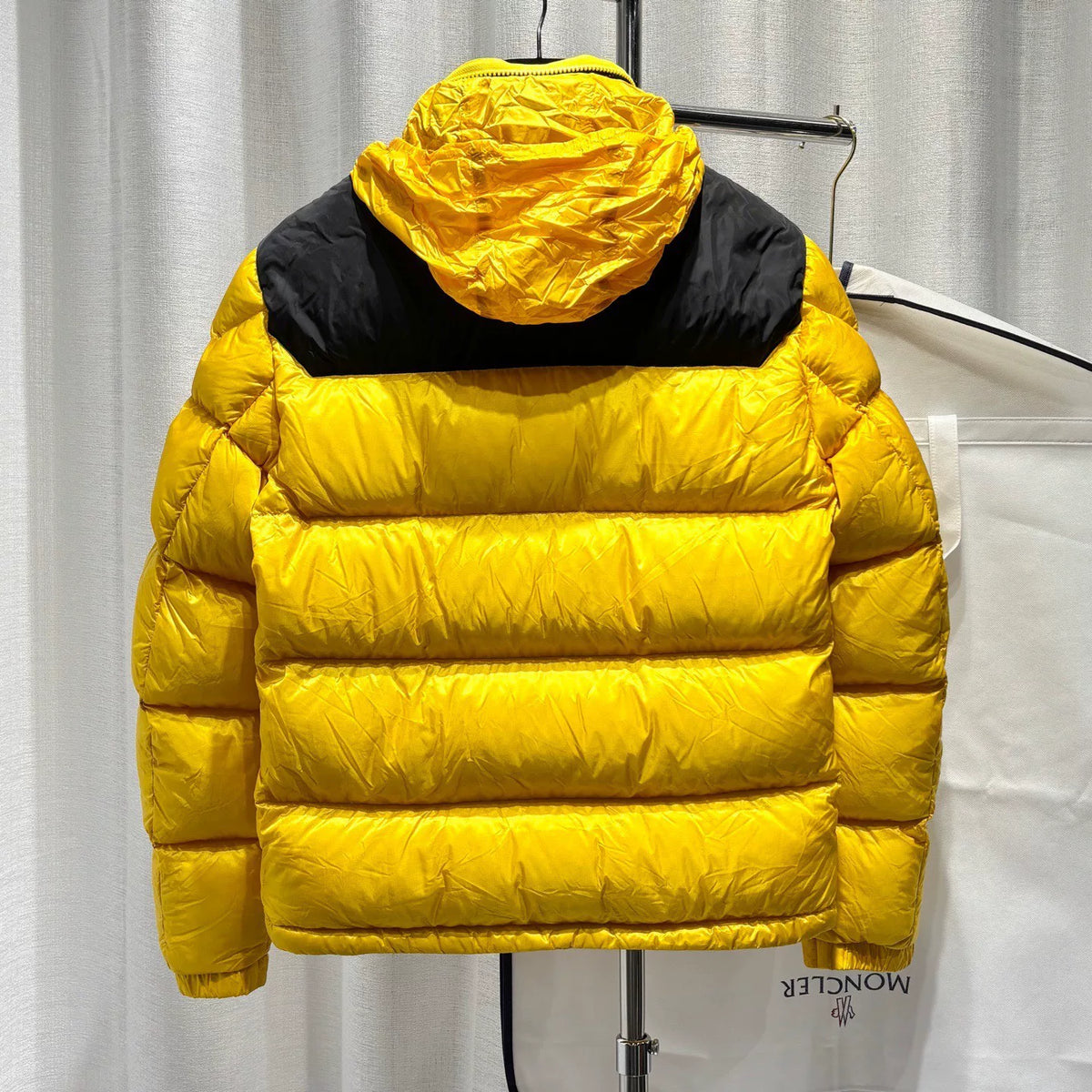 Moncler PEUPLIER Yellow Letter Print Webbing Colorblock Hidden Hood Nylon Down Jacket