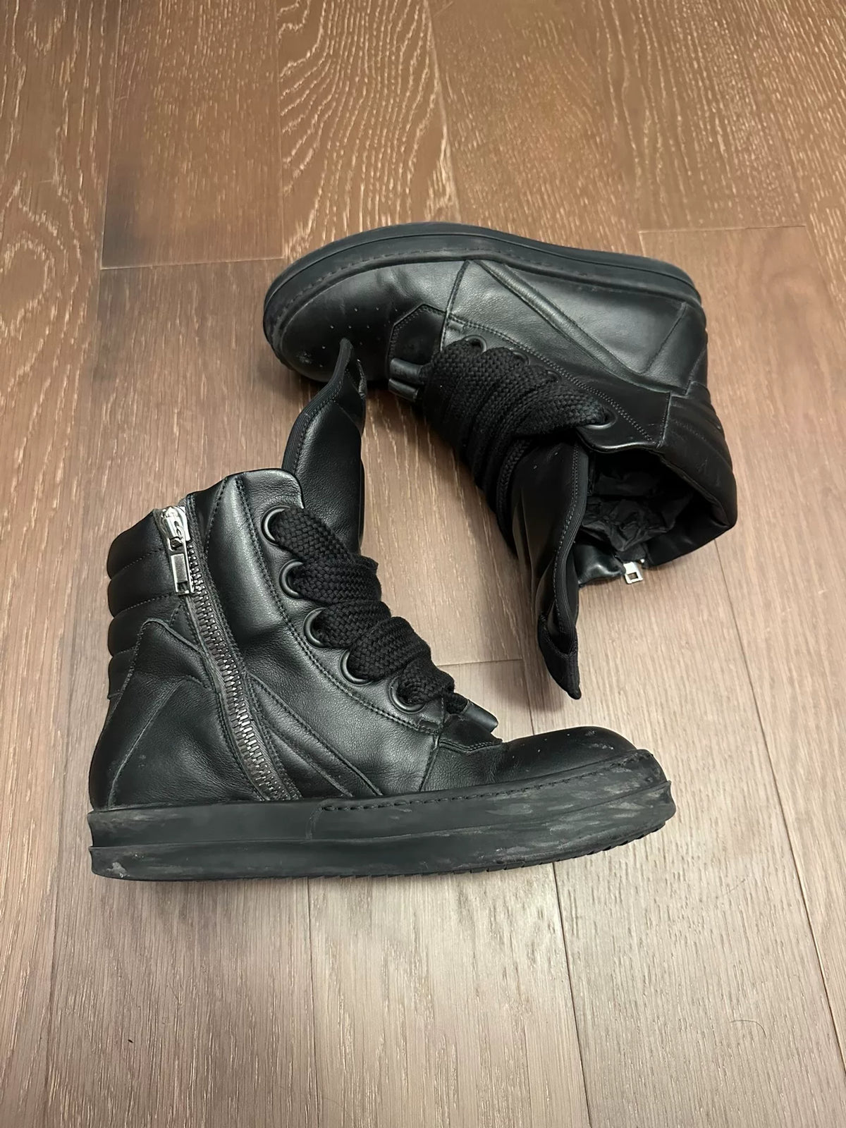 Rick Owens mainline pure black thick laces inverted triangle Sneakers