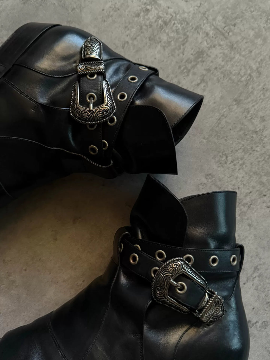 Saint Laurent Paris 14SS Black Leather Western Buckle Pointed Ankle Boots by Hedi Slimane