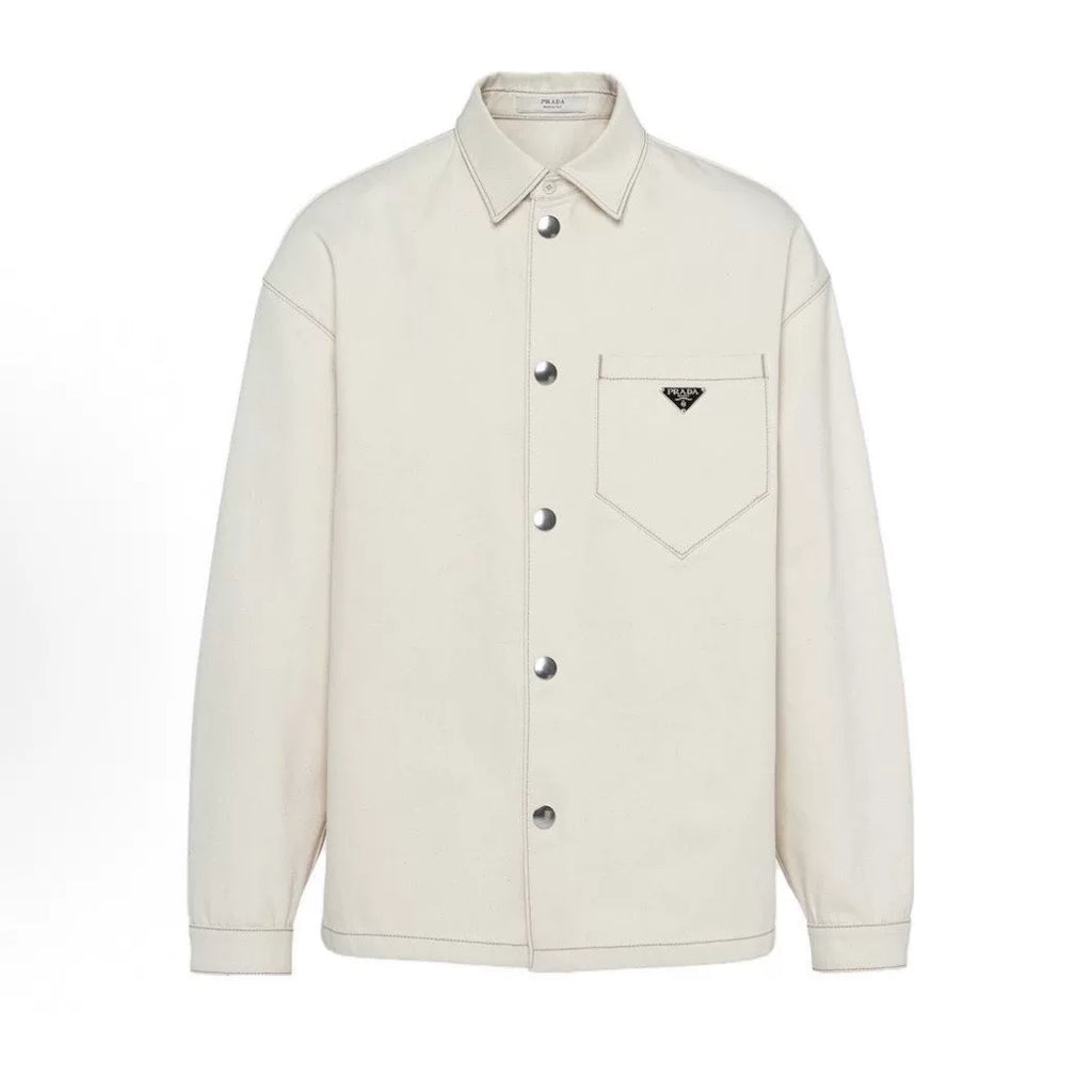 Prada Beige Metal Triangle Logo Snap-Button Combed Cotton Denim Jacket