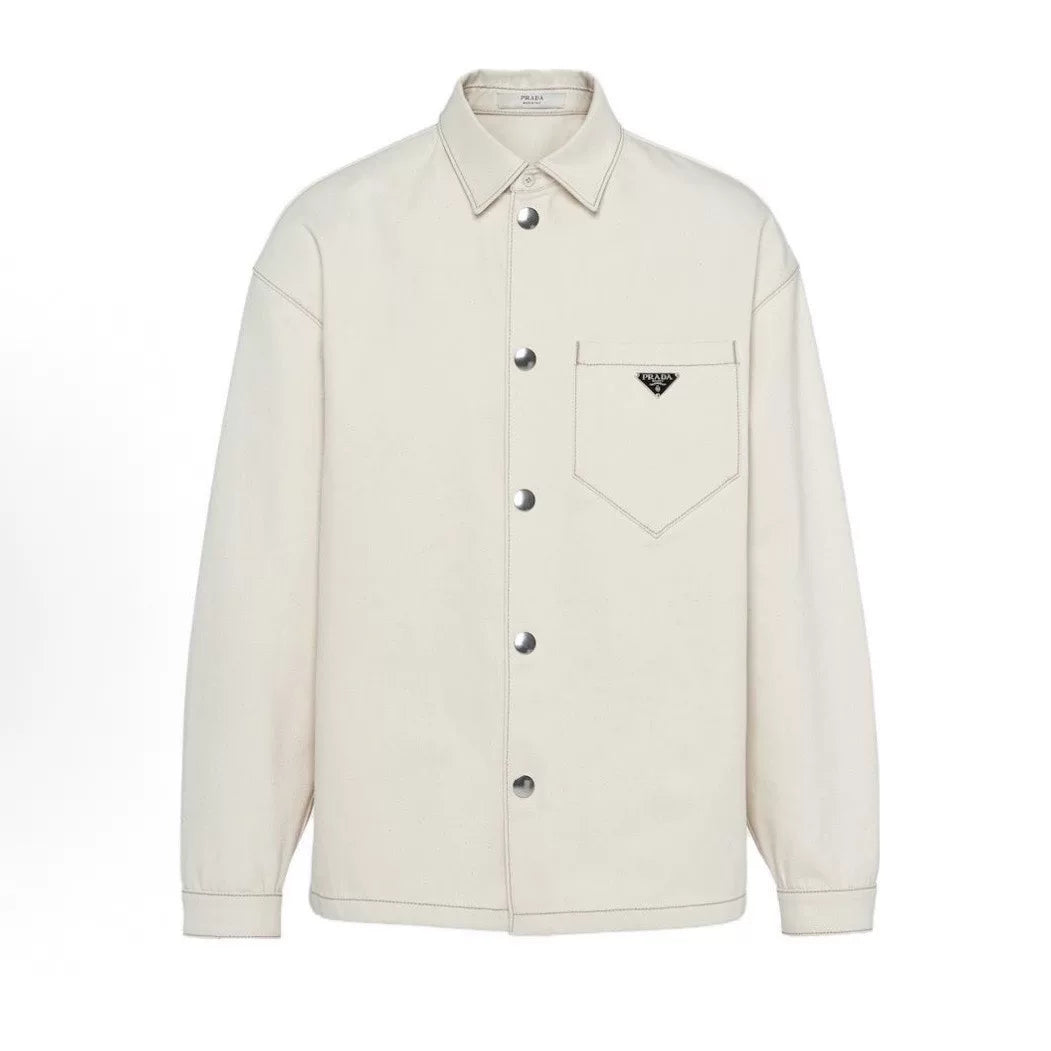Prada Beige Metal Triangle Logo Snap-Button Combed Cotton Denim Jacket
