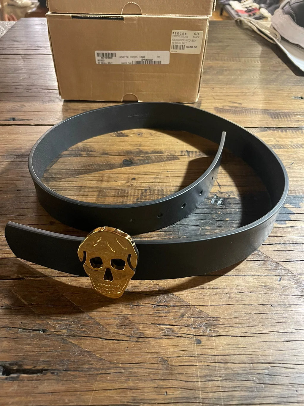 Alexander McQueen Black Gold Skull Calfskin Belt