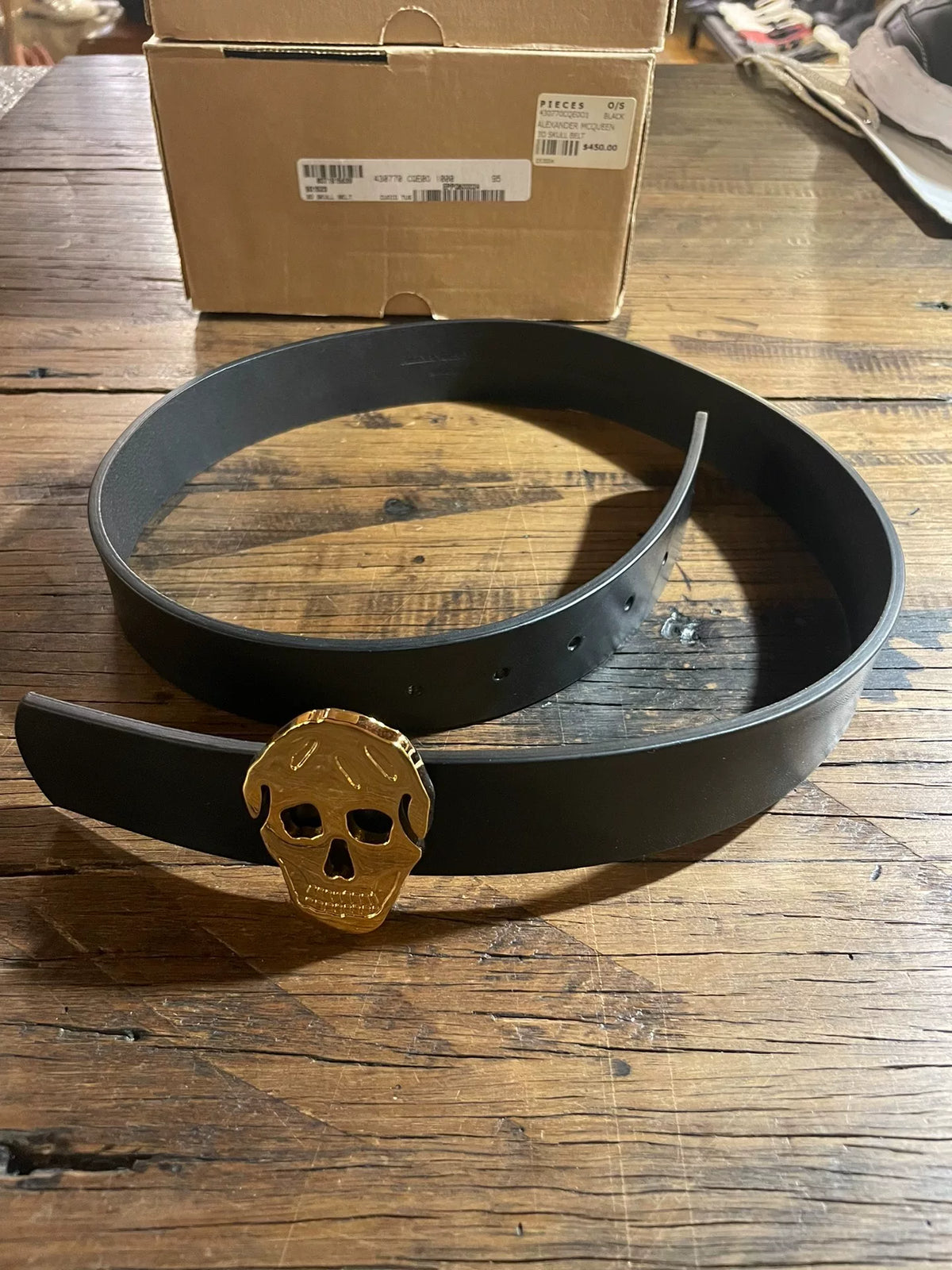 Alexander McQueen Black Gold Skull Calfskin Belt