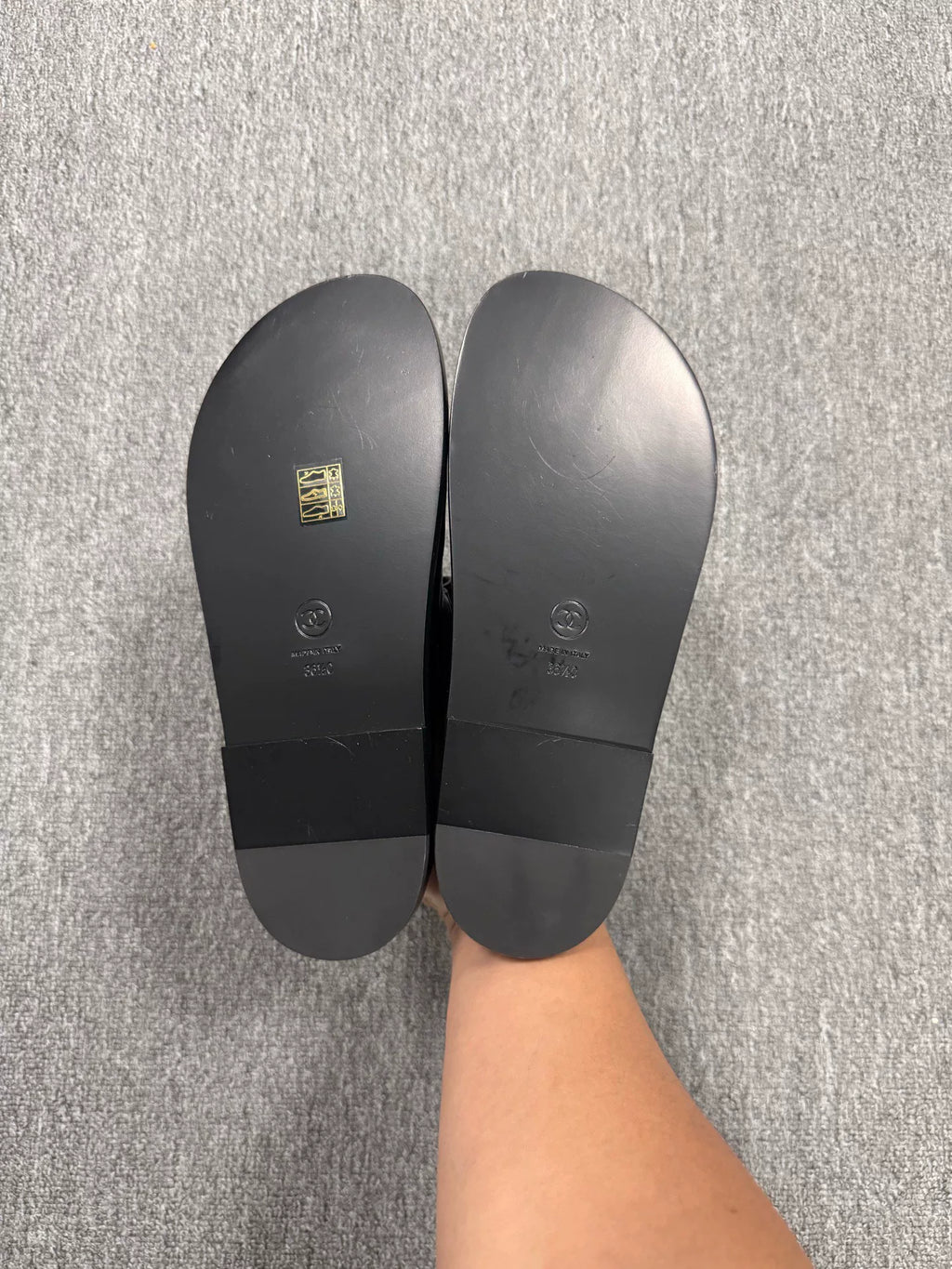 Chanel Black Gold Velcro Oil Wax Leather Sandals