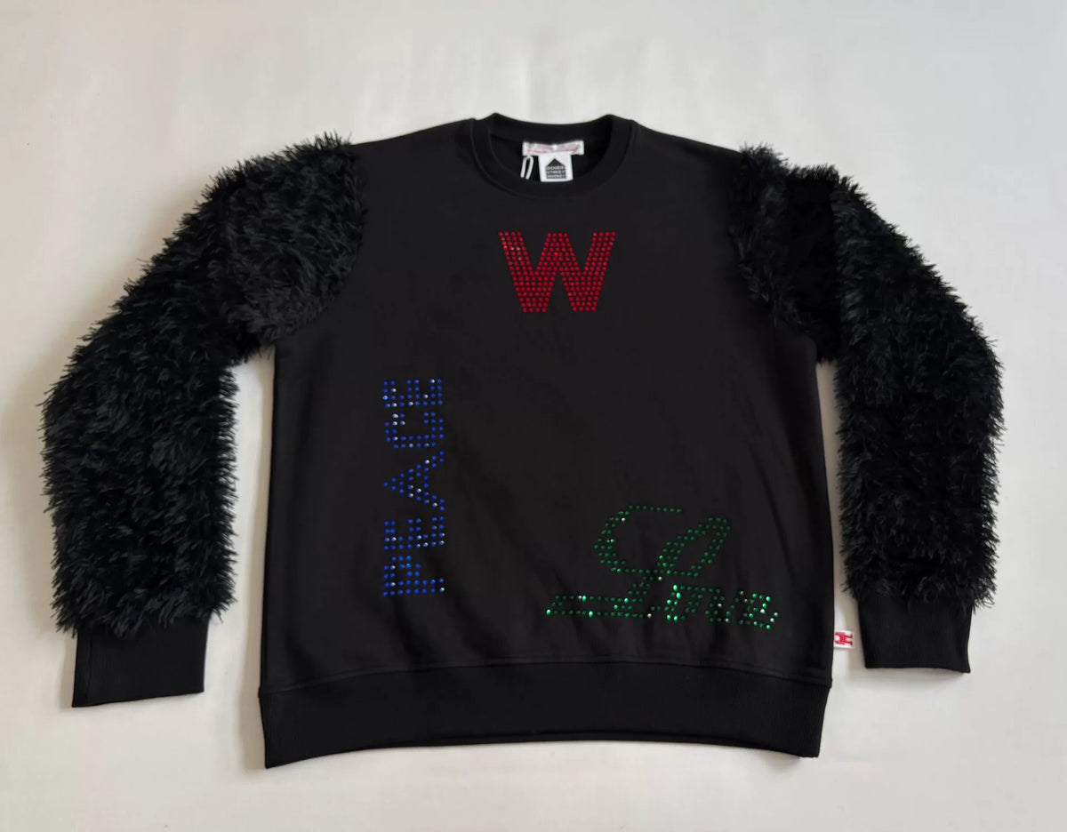 Walter Van Beirendonck fur patchwork rhinestone sweatshirt