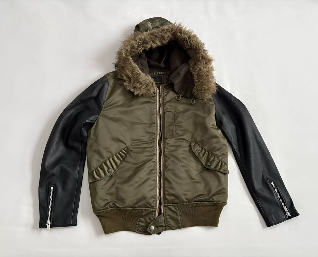 Hysteric Glamour N2B Fur-Collar Hooded Leather-Panel Bomber Jacket