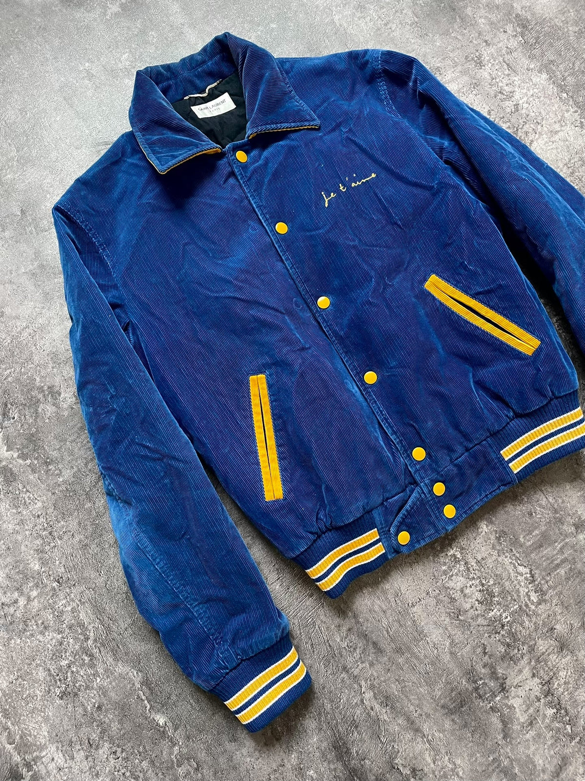 Saint Laurent SLP17 Fall/Winter Blue Corduroy Slogan Quilted Jacket