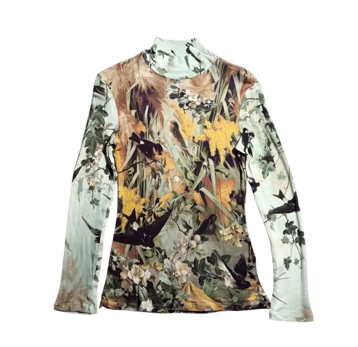Jean Paul Gaultier Floral Bird Print Silk Turtleneck Top