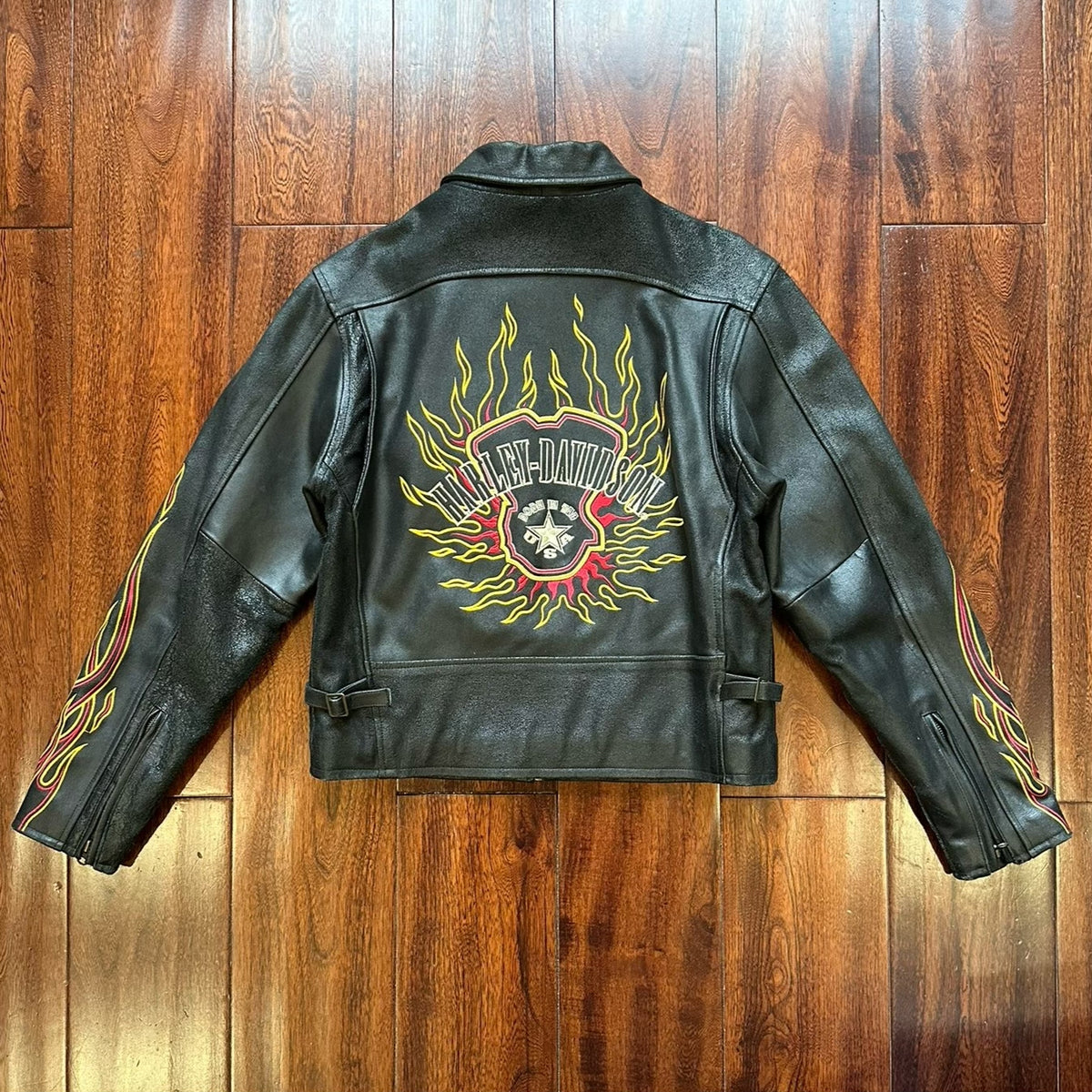 Vintage Harley Davidson Heavyweight Cowhide Flame Embroidered Leather Jacket