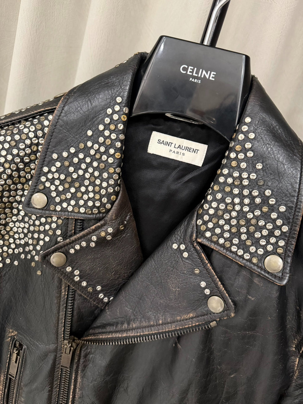 Saint Laurent Paris FW17 L01 Distressed Riveted Lambskin Motorcycle Jacket