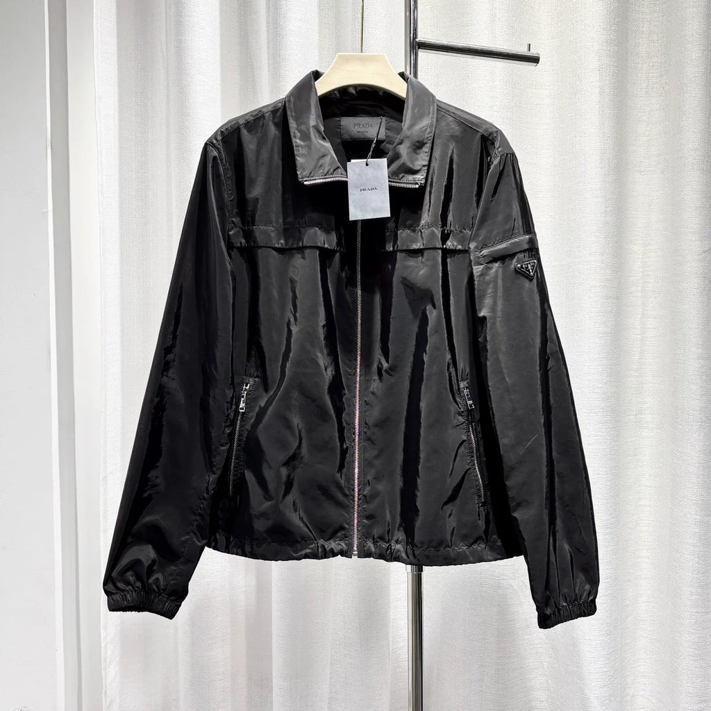 Prada Lapel Metallic Triangle Logo Drawstring Zip Black Jacket