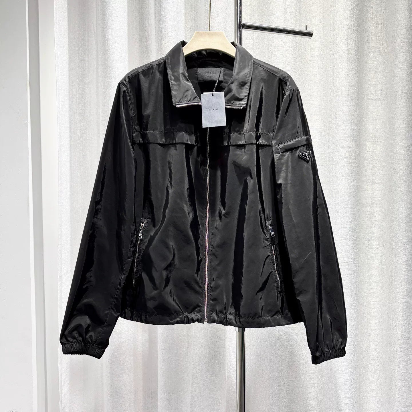 Prada Lapel Metallic Triangle Logo Drawstring Zip Black Jacket