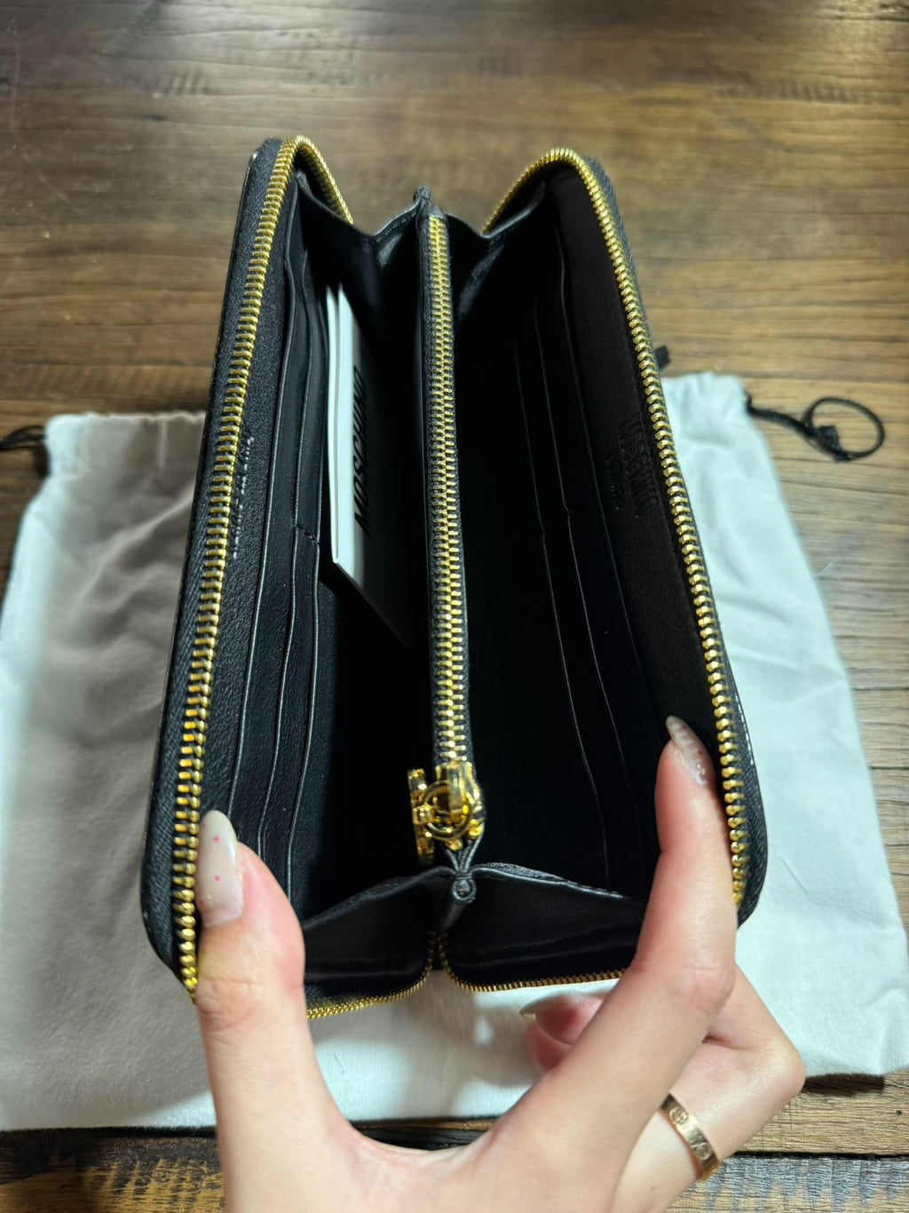 Moschino SS15 Black Gold Logo Zip Leather Wallet