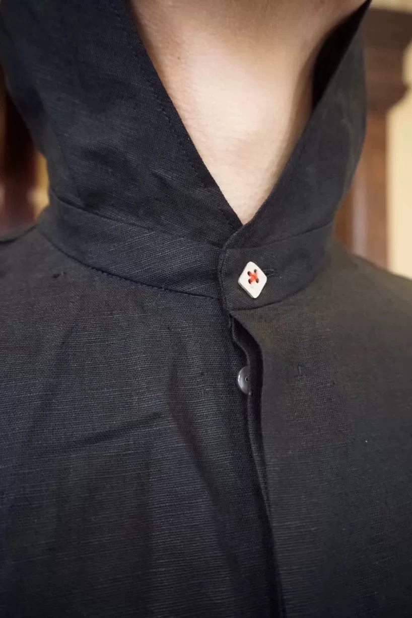M.A+ SS18 Black Hooded Fitted Linen Shirt