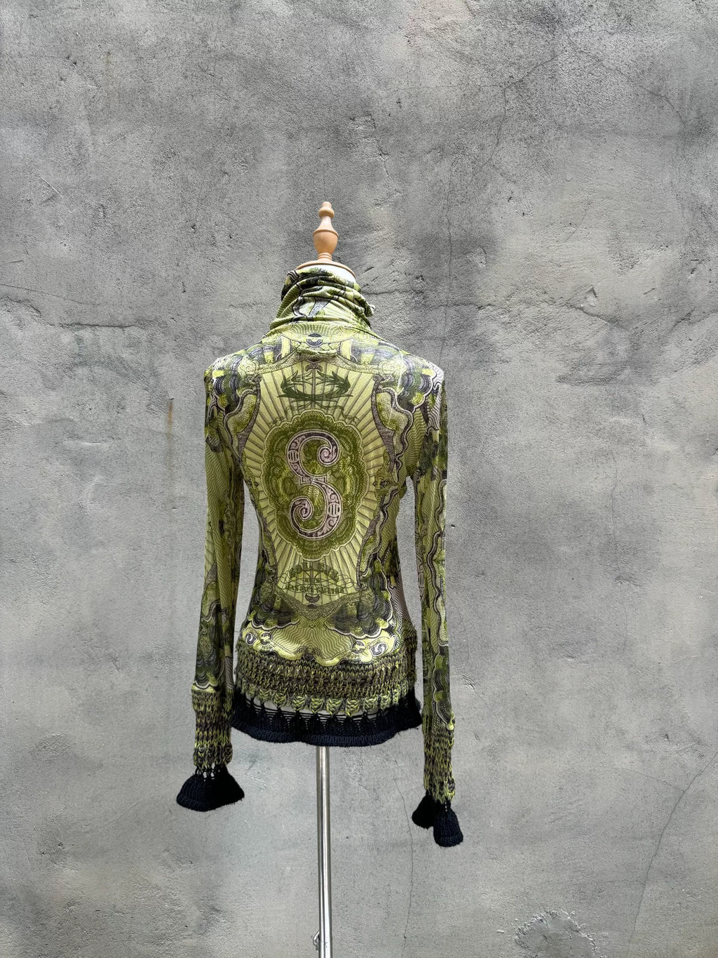Jean Paul Gaultier Green Dragon Tattoo Bill Knit Rib Mesh Shirt