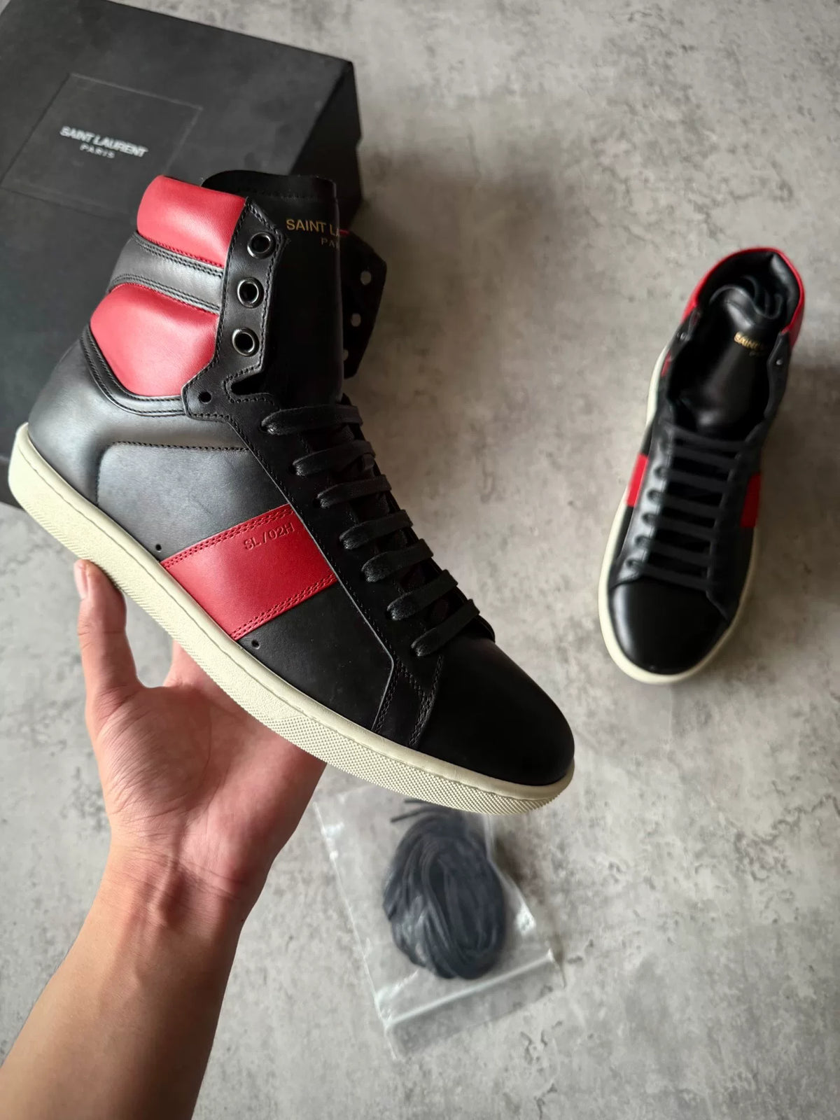 Saint Laurent Paris AW13 SL/02H Black Red Leather High Top Sneakers by Hedi Slimane
