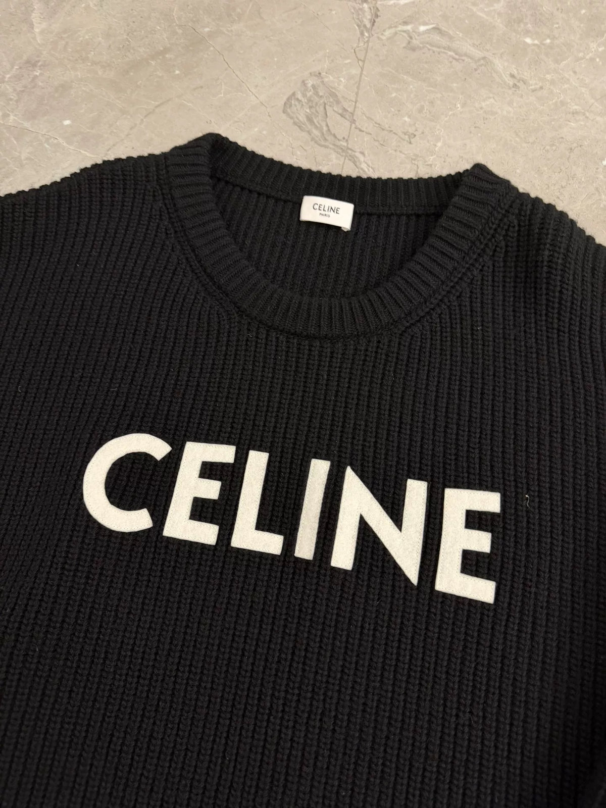 Celine Black Embroidered Logo Crew Neck Wool Sweater by Hedi Slimane