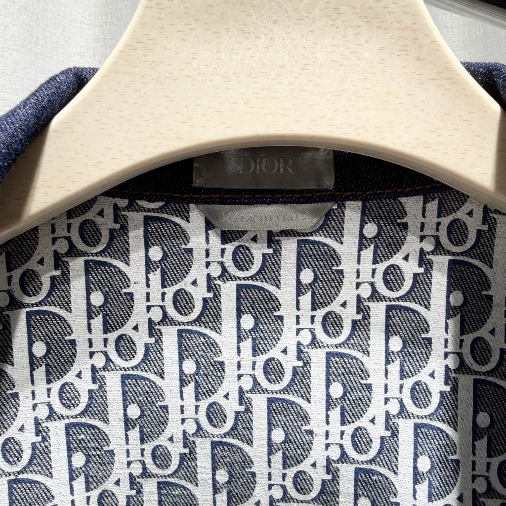 Dior Denim Lapel Monogram All-Over Print Metallic Button-Front Navy Jacket