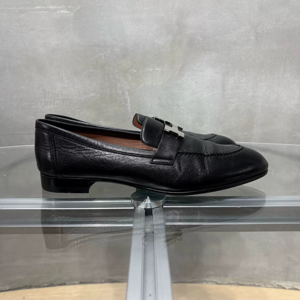 HERMES Black Silver Buckle Loafers
