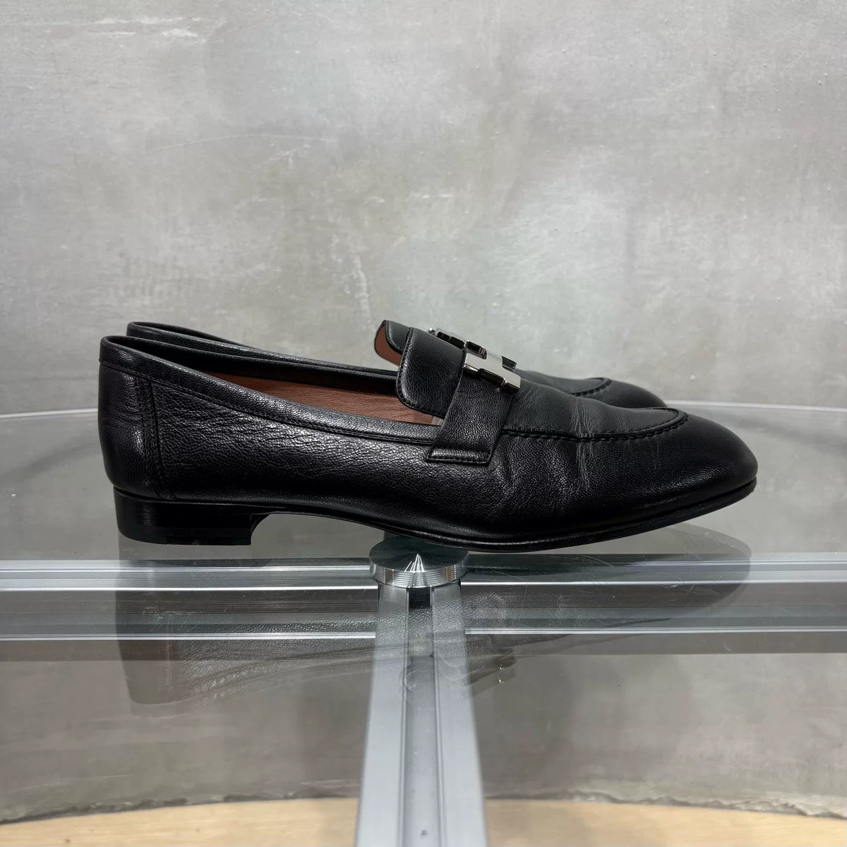 HERMES Black Silver Buckle Loafers
