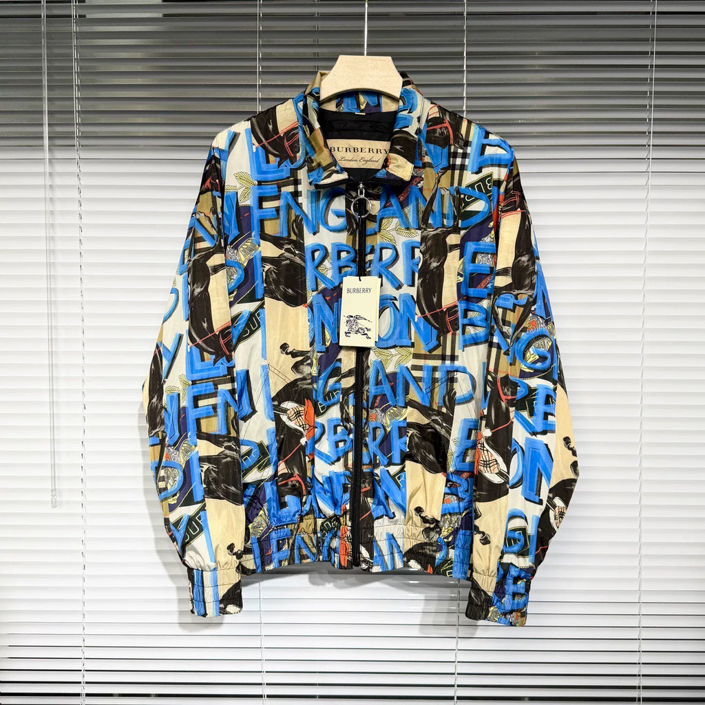 Burberry Logo All-Over Print Stand Collar Blue Jacket