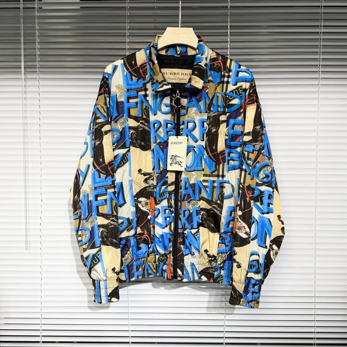 Burberry Logo All-Over Print Stand Collar Blue Jacket