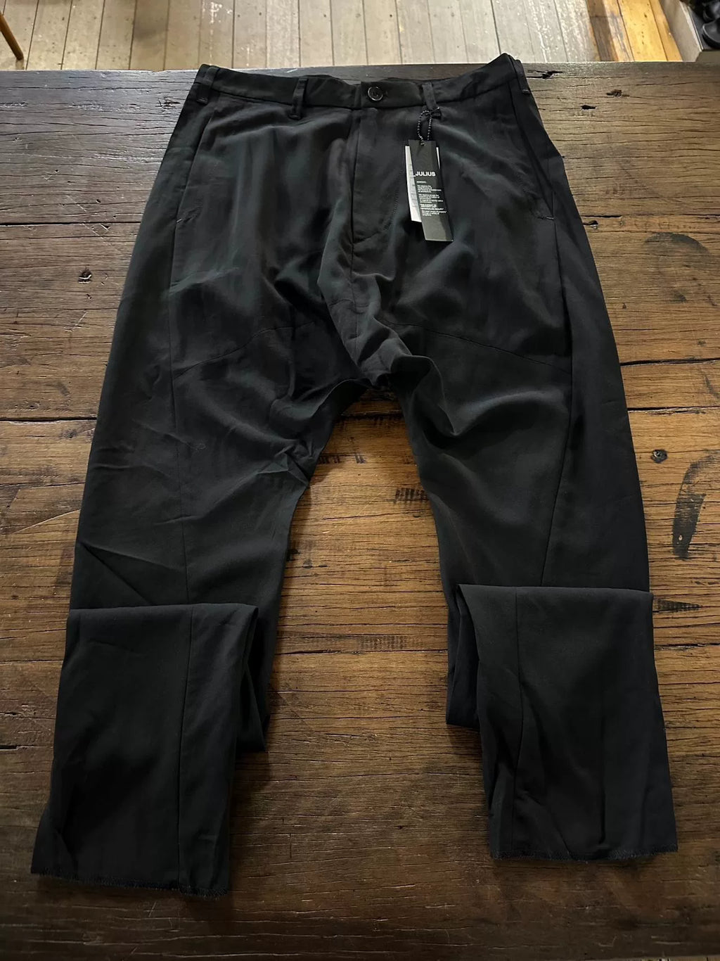Julius FW16 Pre Black Curved Blade Viscose Wool Trousers