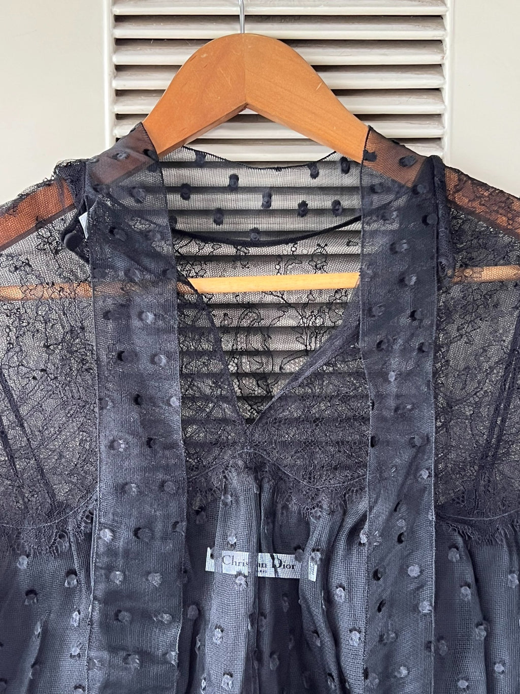 Dior Polka Dot Lace Long Sleeve Silk Top