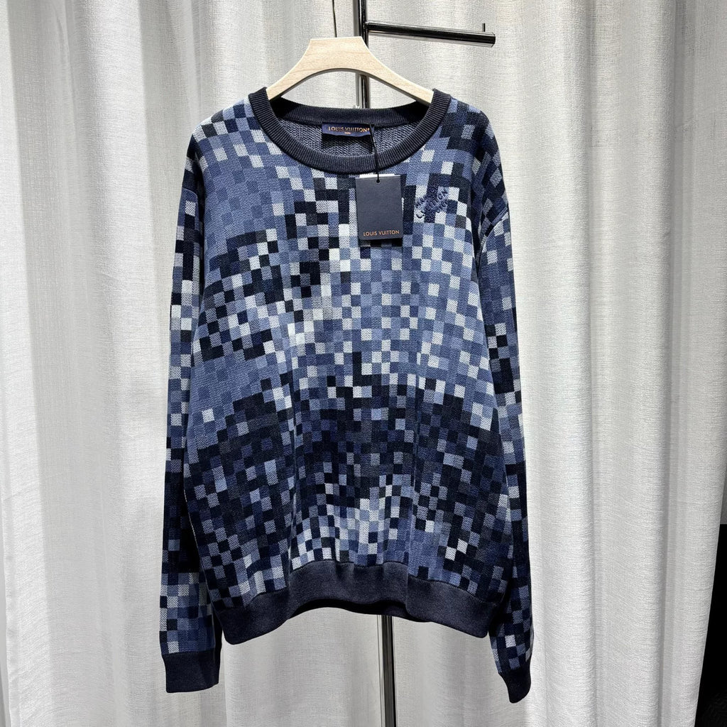 Louis Vuitton Long Sleeve Knit Checkerboard Studded Logo Embroidered Logo Cotton Navy Hoodie