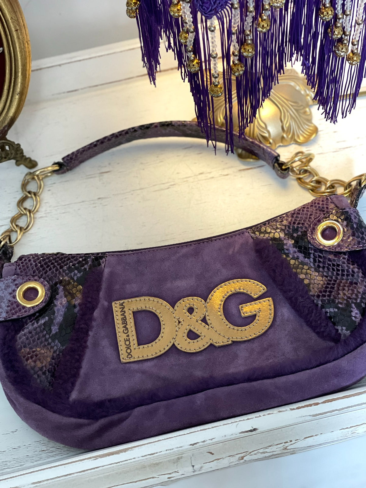 Dolce & Gabbana D&G Du Jia Ban Na purple snake pattern fuzzy patchwork secondhand bag