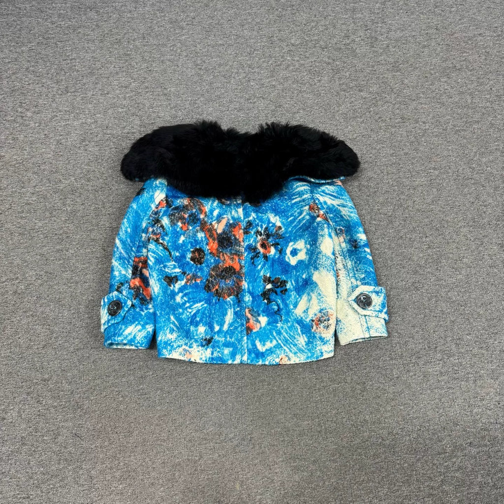 Prada blue oil-painting style fur-collared turn-down jacket