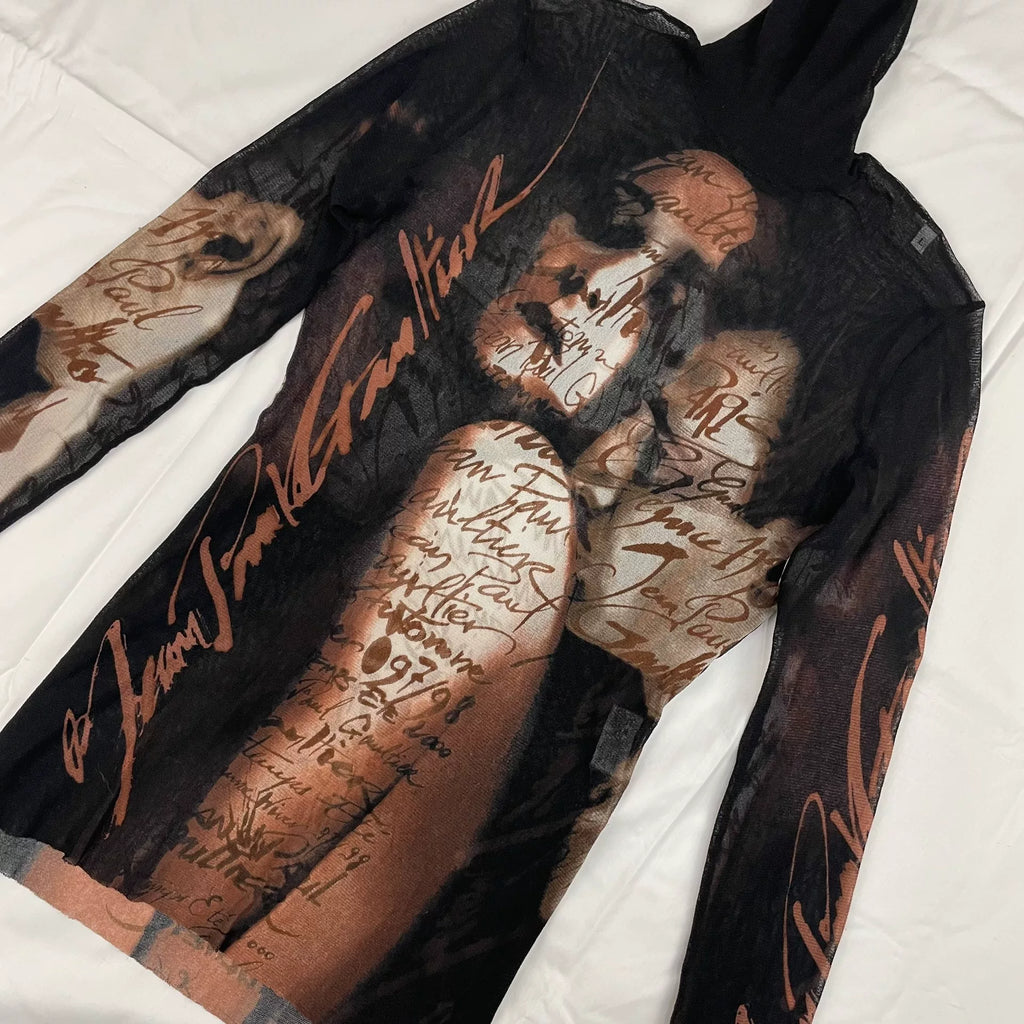 1997 Fall/Winter Jean Paul Gaultier Couple Print Turtleneck Mesh T-Shirt