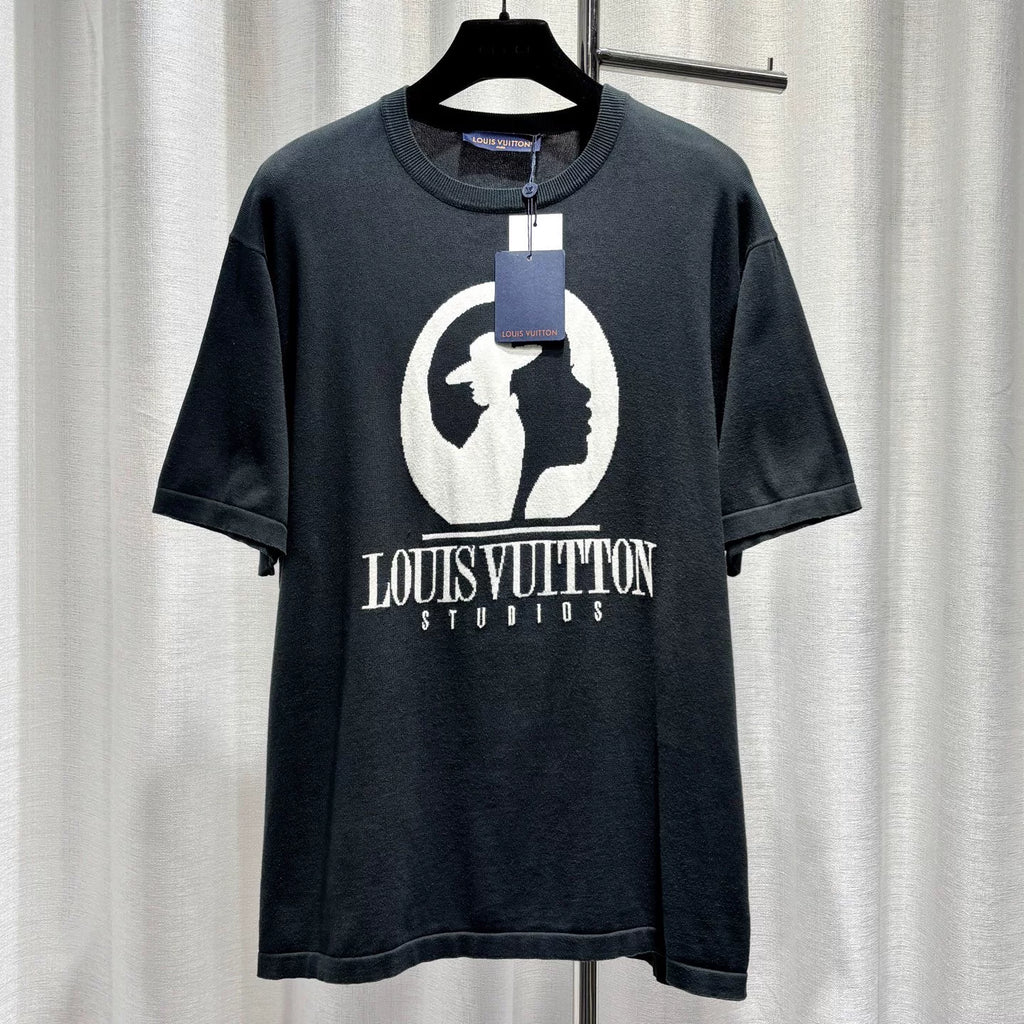 Louis Vuitton Black Letter Portrait Intarsia Ribbed Collar Combed Cotton Short Sleeve Top