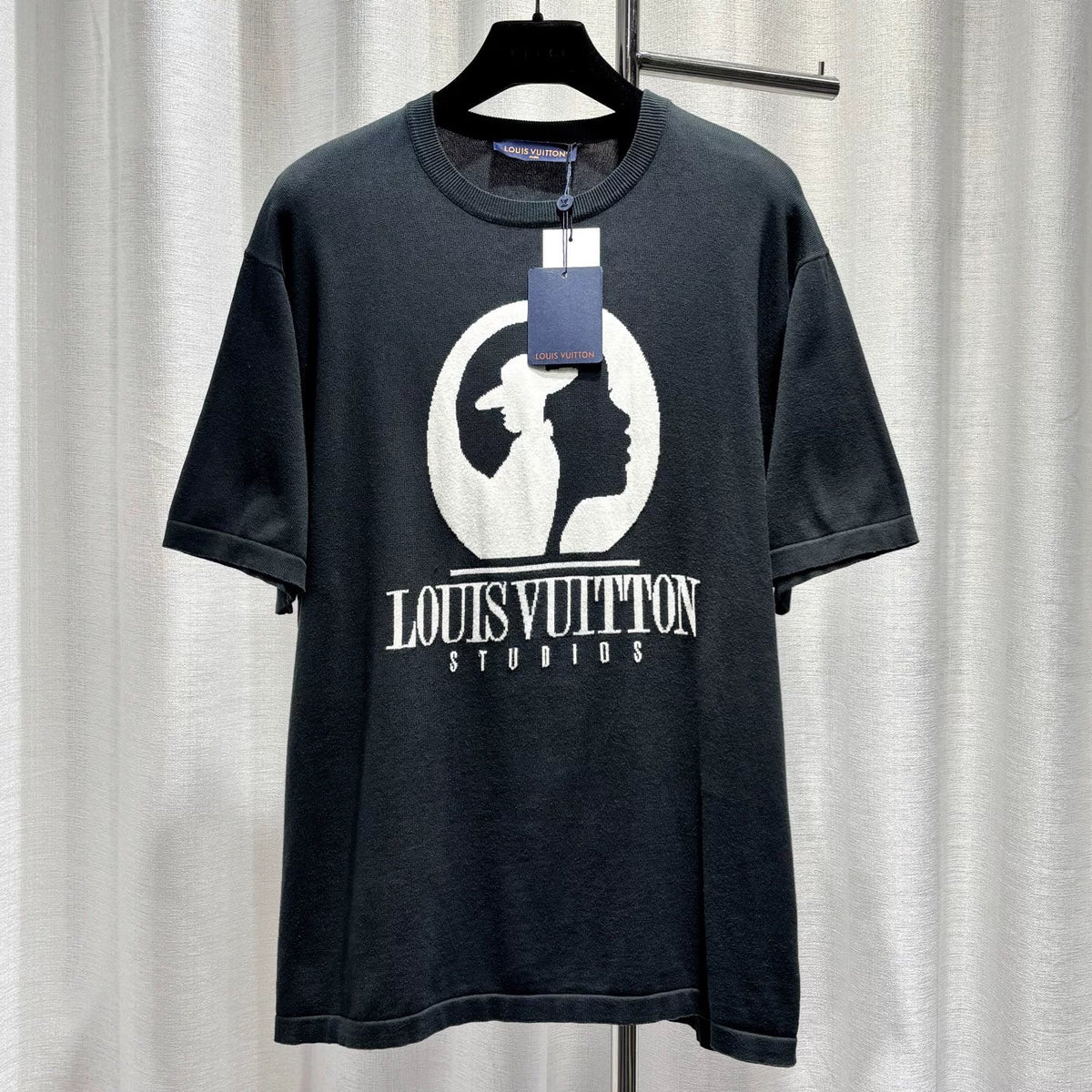 Louis Vuitton Black Letter Portrait Intarsia Ribbed Collar Combed Cotton Short Sleeve Top