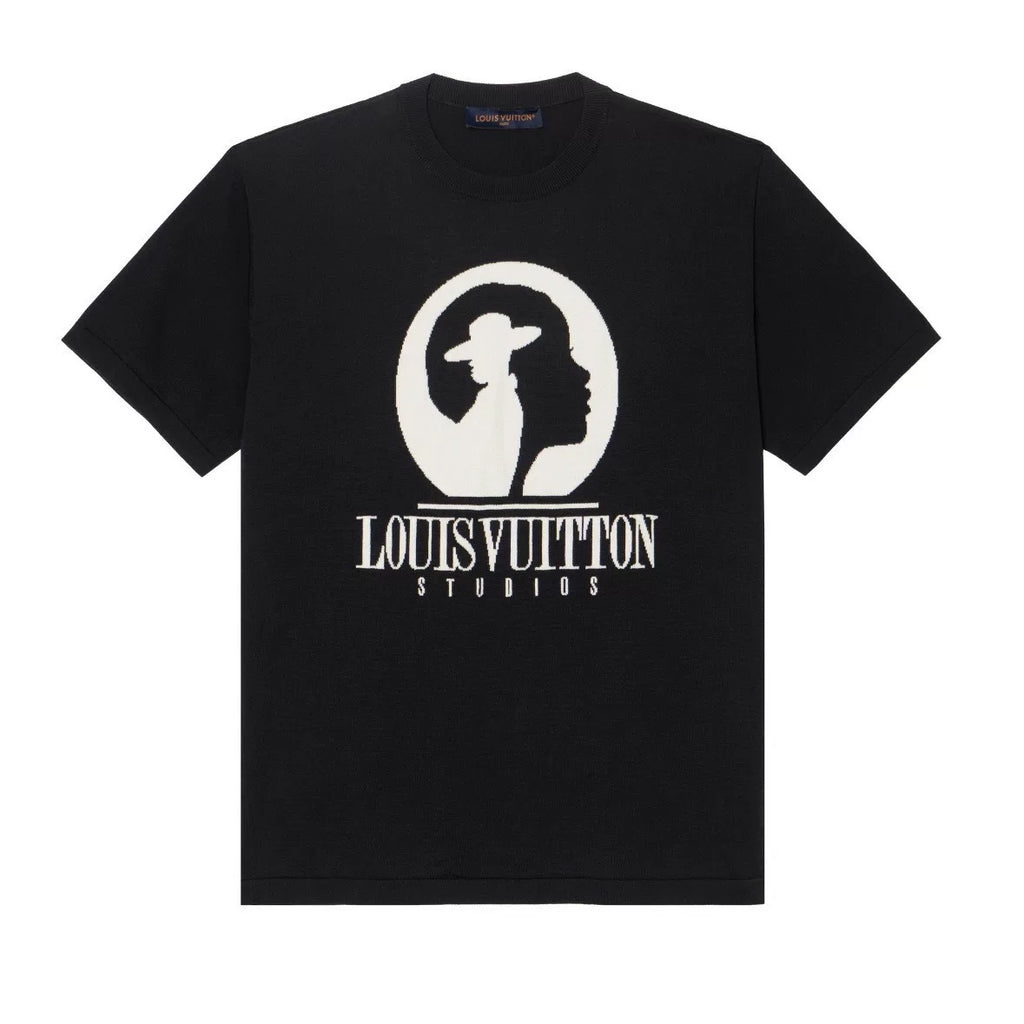 Louis Vuitton Black Letter Portrait Intarsia Ribbed Collar Combed Cotton Short Sleeve Top