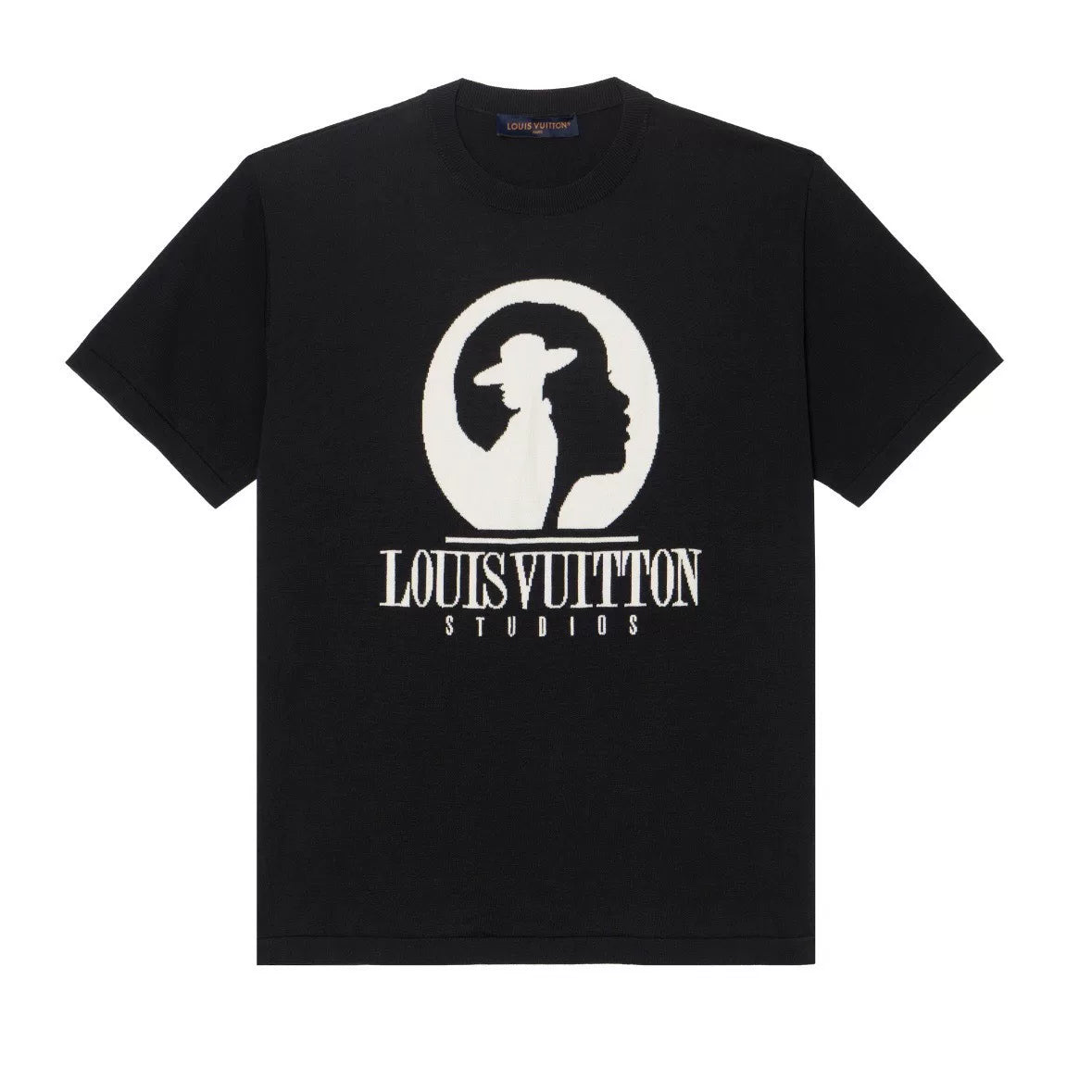 Louis Vuitton Black Letter Portrait Intarsia Ribbed Collar Combed Cotton Short Sleeve Top