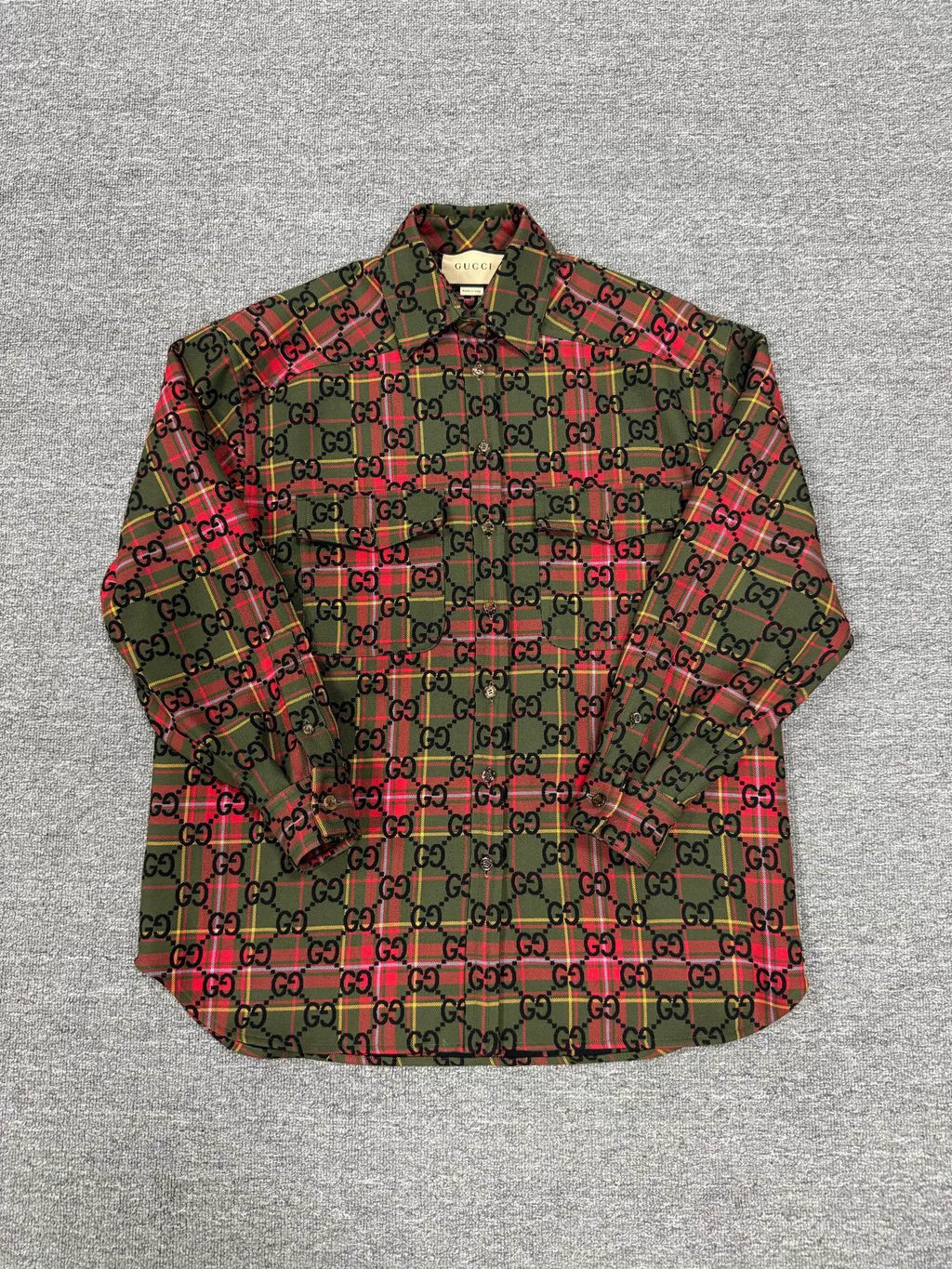 Gucci Red Plaid Logo Print Collared Shirt