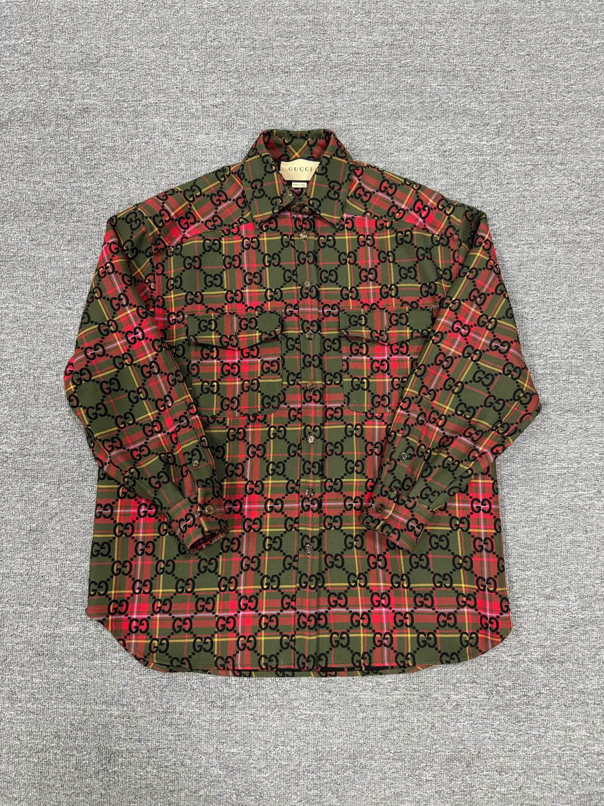 Gucci Red Plaid Logo Print Collared Shirt