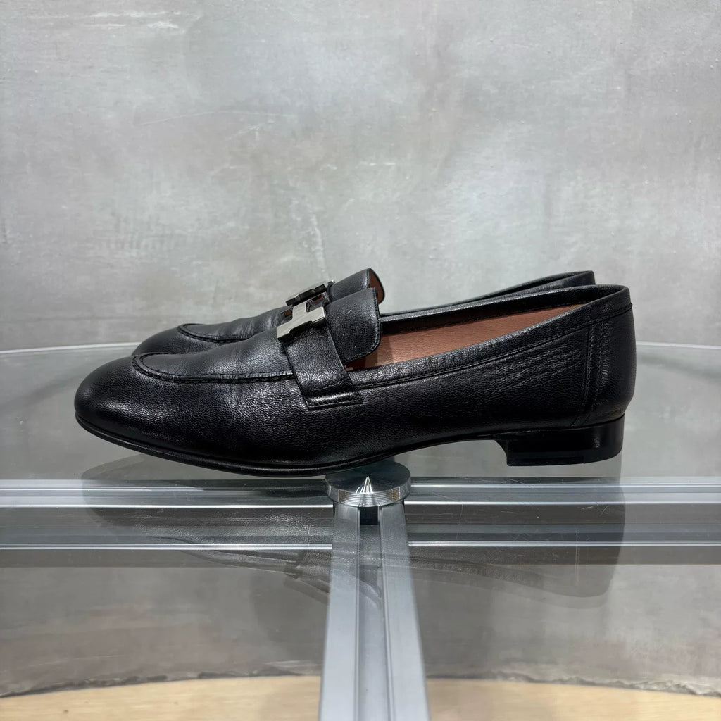 HERMES Black Silver Buckle Loafers