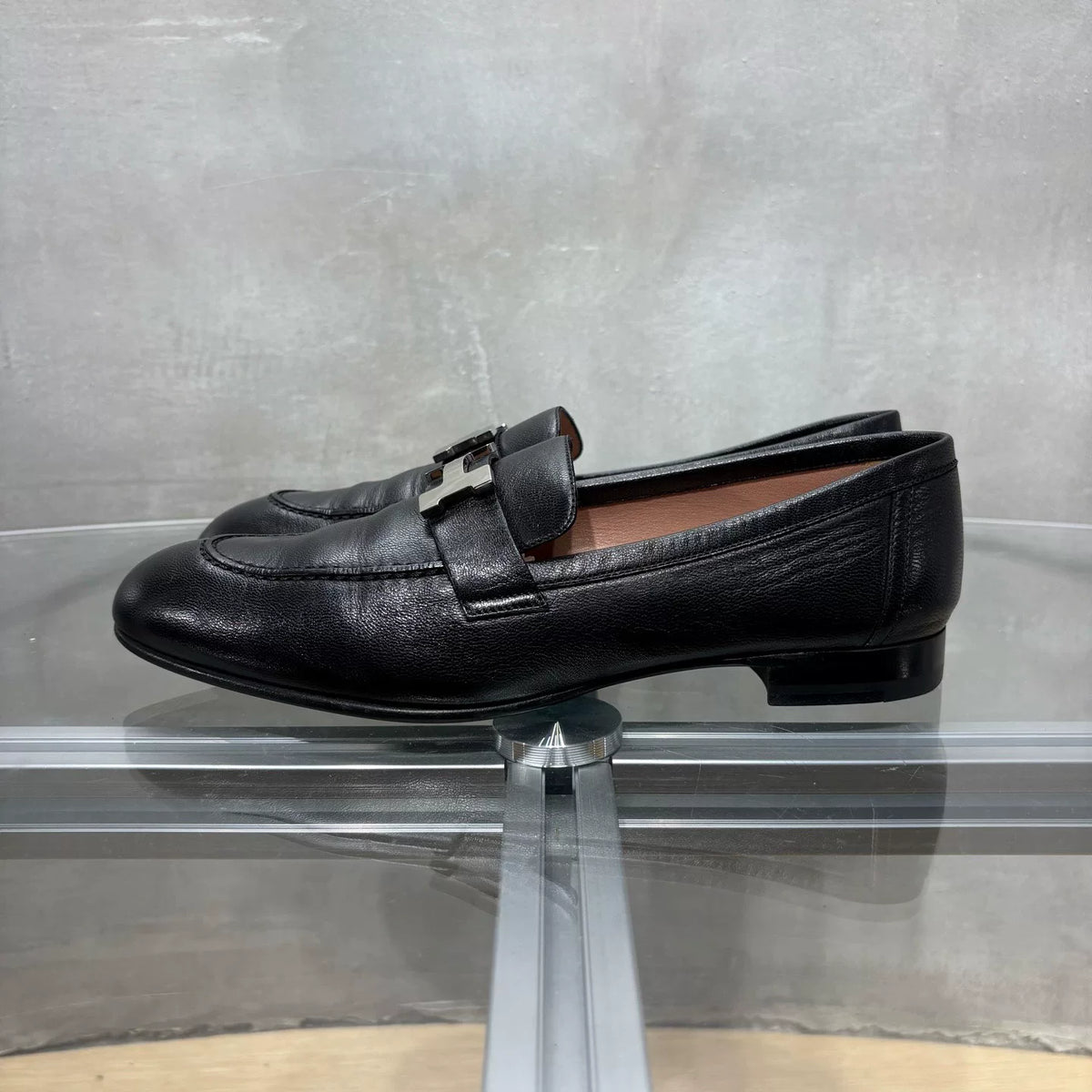 HERMES Black Silver Buckle Loafers