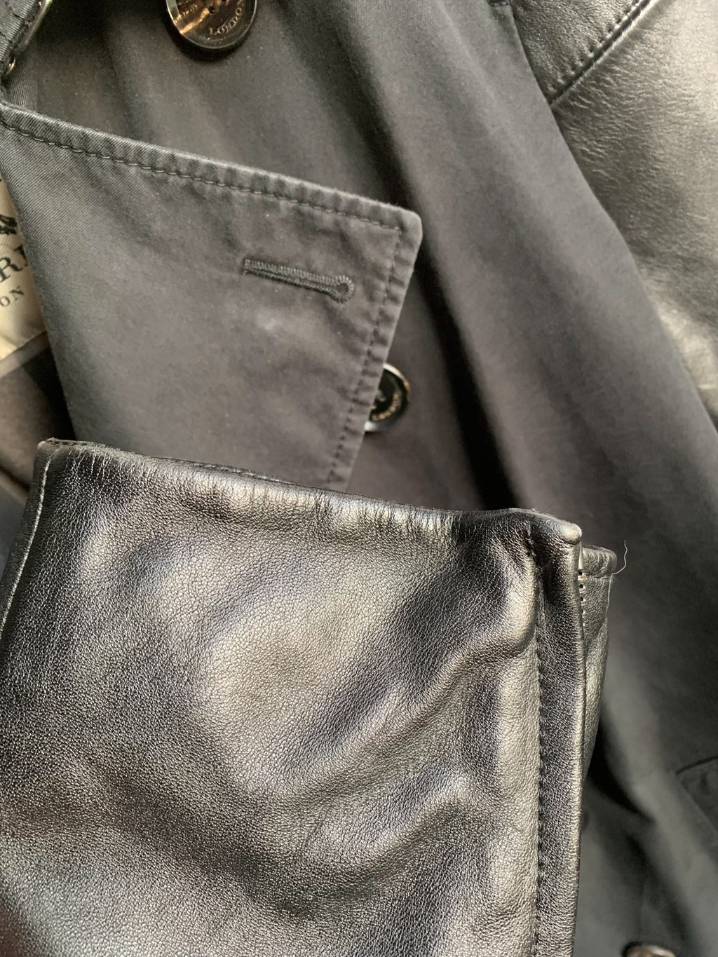 Burberry Black Leather-Panel Trench Coat