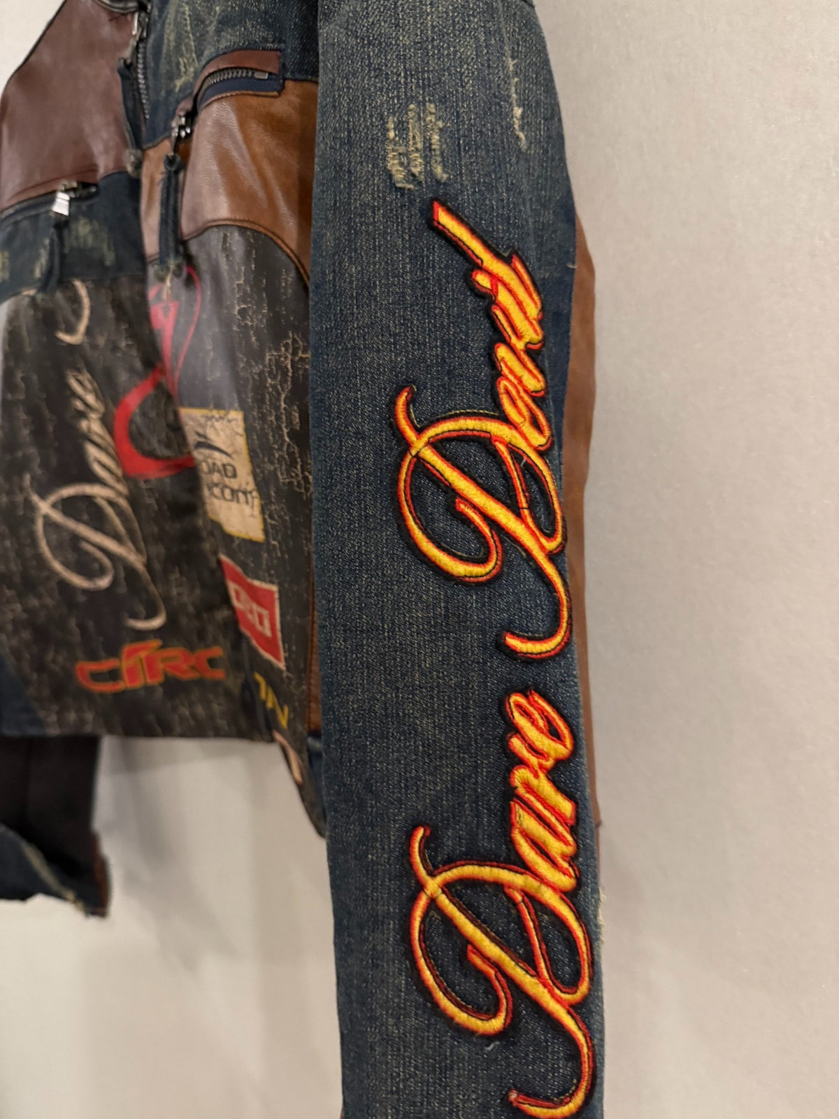 Jaded London Leather-Panel Embroidered Denim Jacket