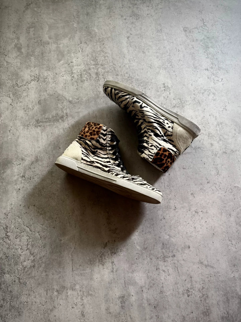 Saint Laurent Paris Black White Zebra Leopard Hair Suede High-Top Sneakers