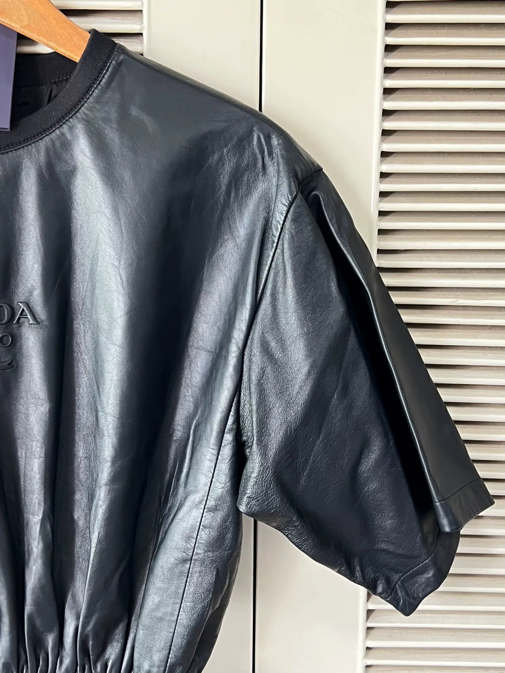 Prada Black Lambskin Logo Drawstring Sheepskin Dress