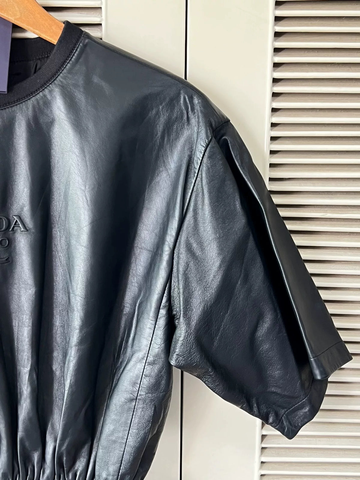 Prada Black Lambskin Logo Drawstring Sheepskin Dress