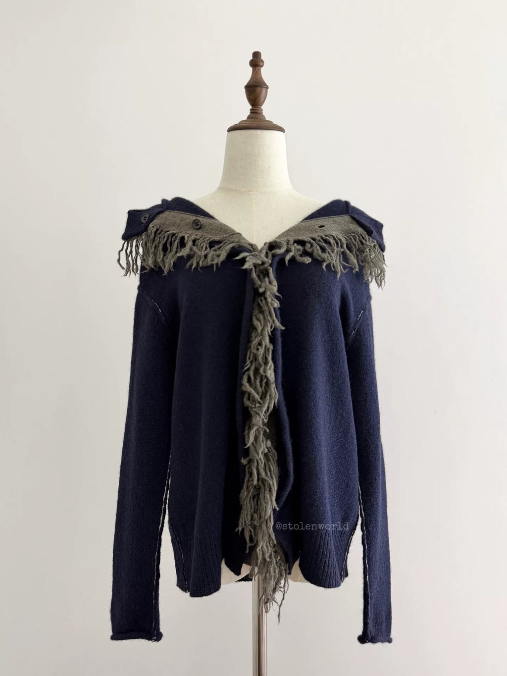 Yohji Yamamoto Y's Fringe Wool Knit Navy Top - Devines