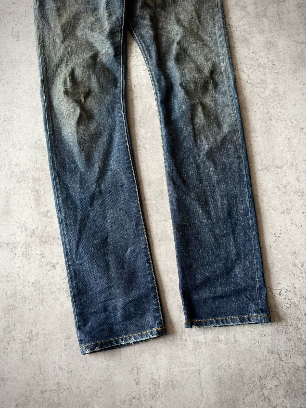 Saint Laurent Paris AW13 D02 Blue Washed Oil Stain Mud Dyed Denim Jeans by Hedi Slimane