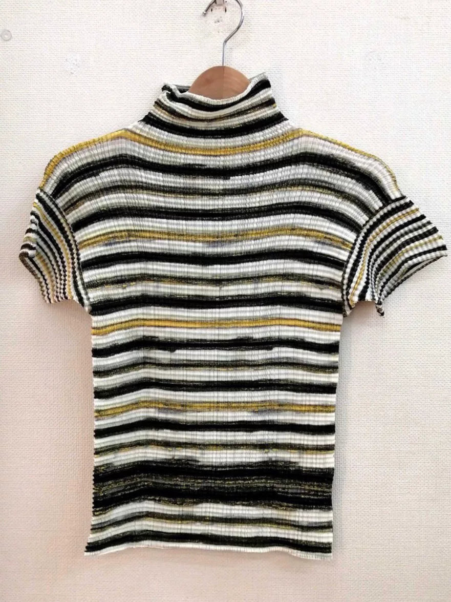 Issey Miyake Striped Pleated Short-Sleeve Top